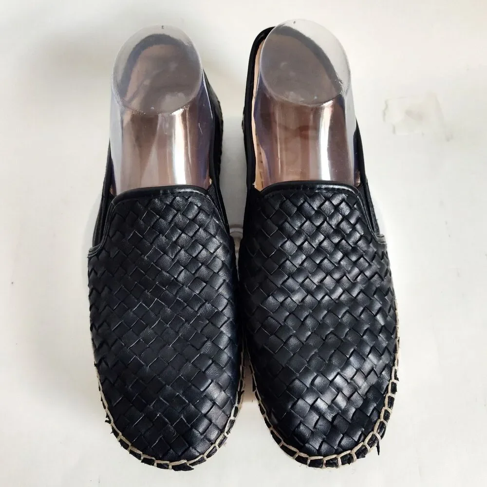 Steve Madden Espadrilles Flats Size 9 Black Woven Leather Slip On Platform Shoes